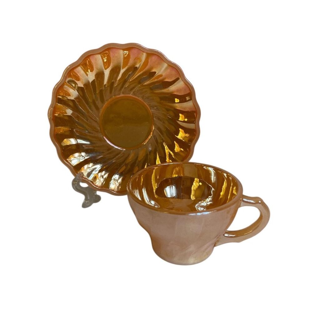 Anchor Hocking Fire King Peach Luster Glass Swirl Demitasse Cup & Saucer Set